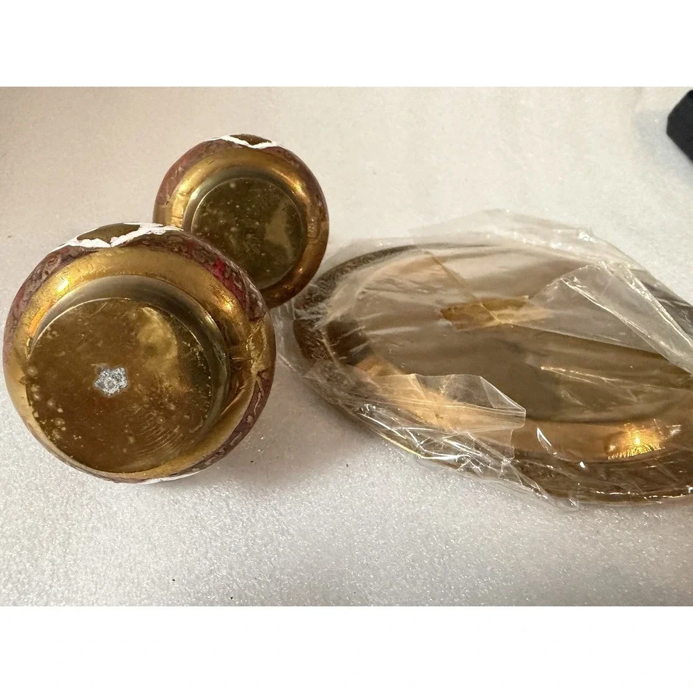 Vintage Siam Thailand Brass Enamel Buddha Salt Pepper Shakers Tray Red